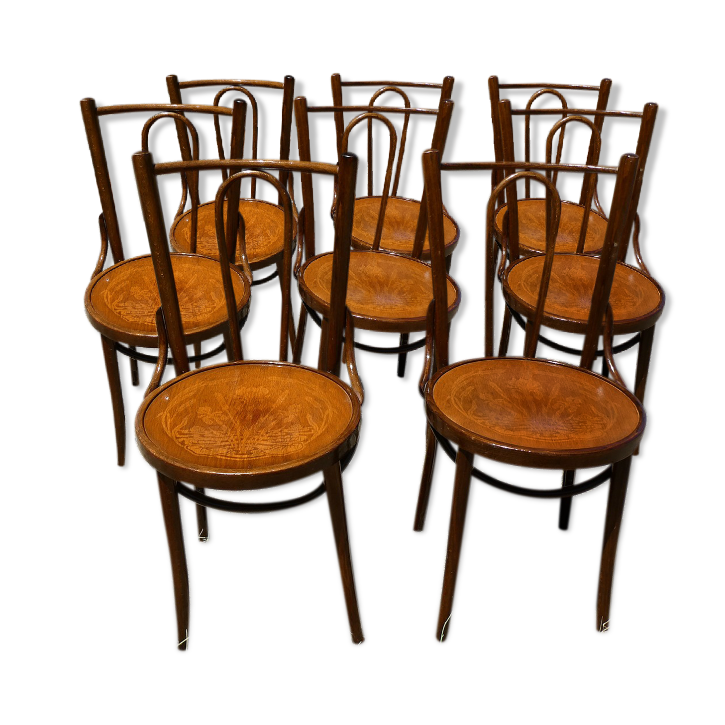 Lot of 8 Art Deco bistro chairs seated screen-printed