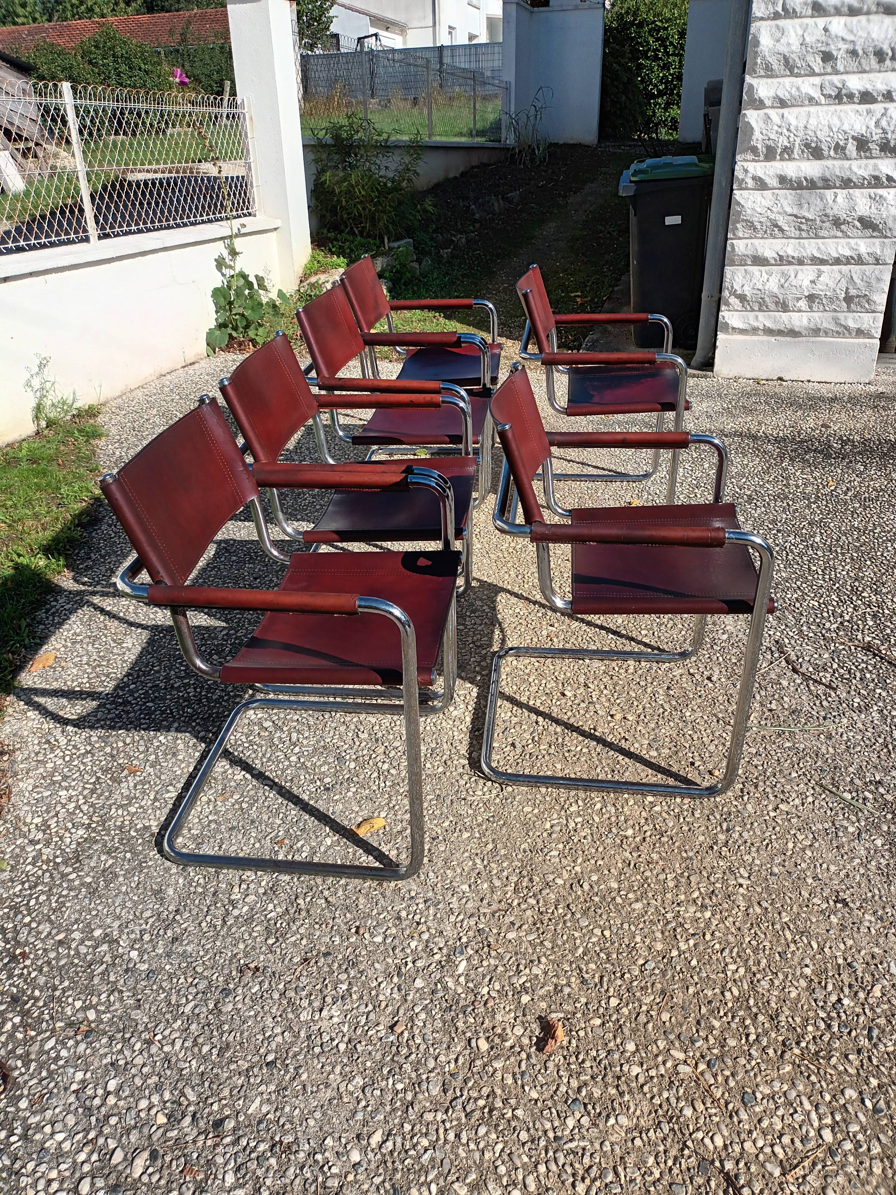 Set of 6 brown leather armchairs