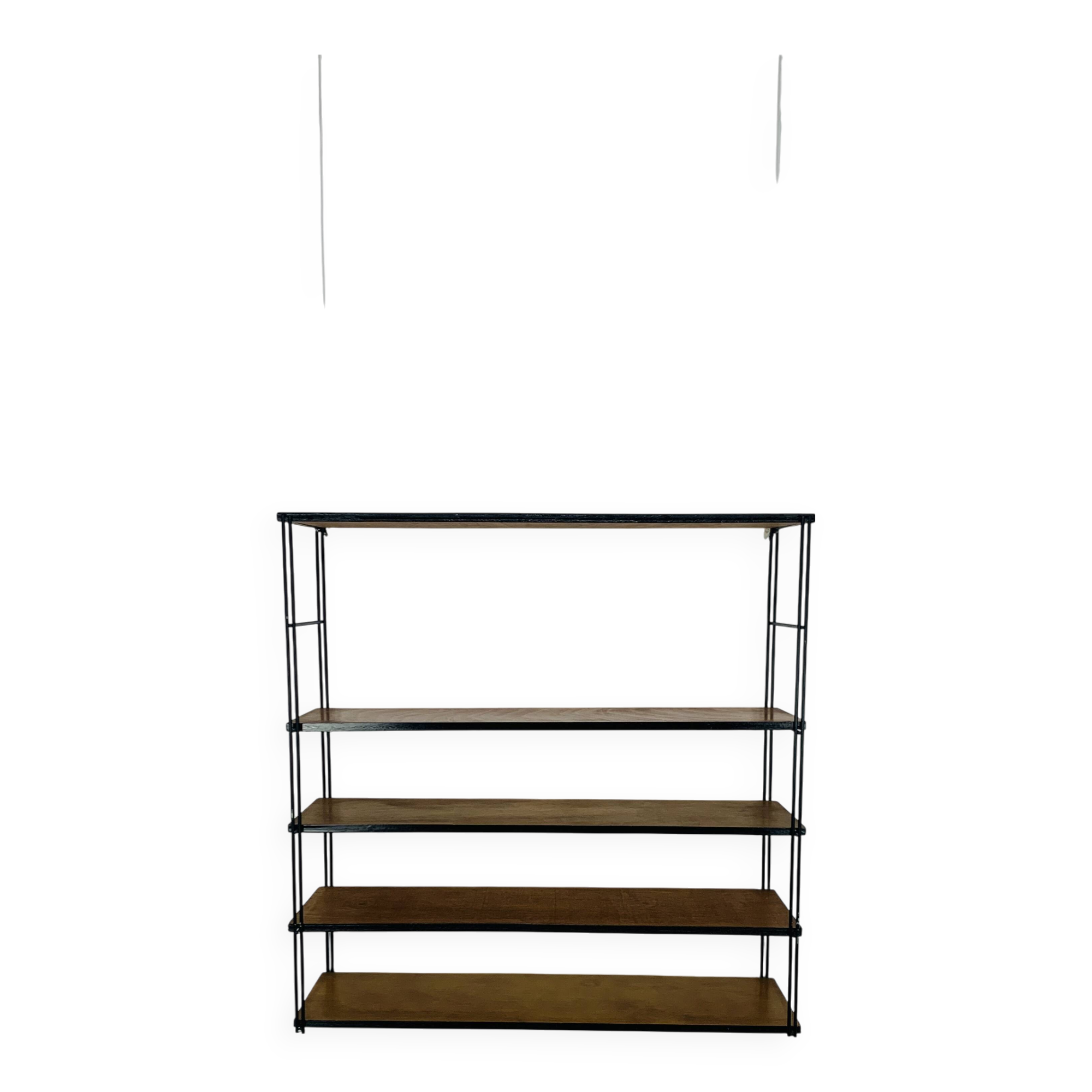 60s wall-mounted string shelf, wood and metal