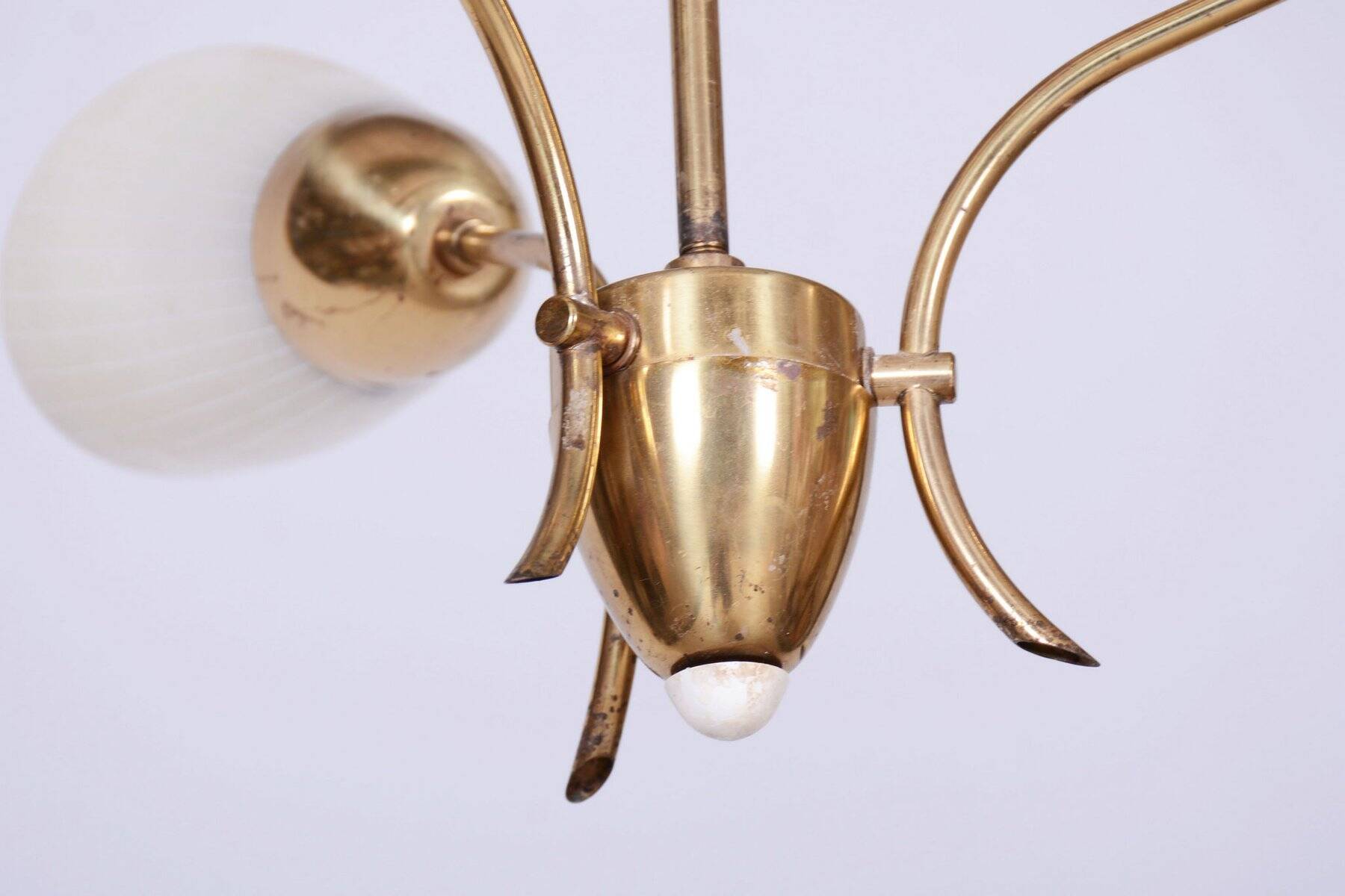 Mid-Century Chandelier in Brass and Frosted Glass, Czech, 1950s