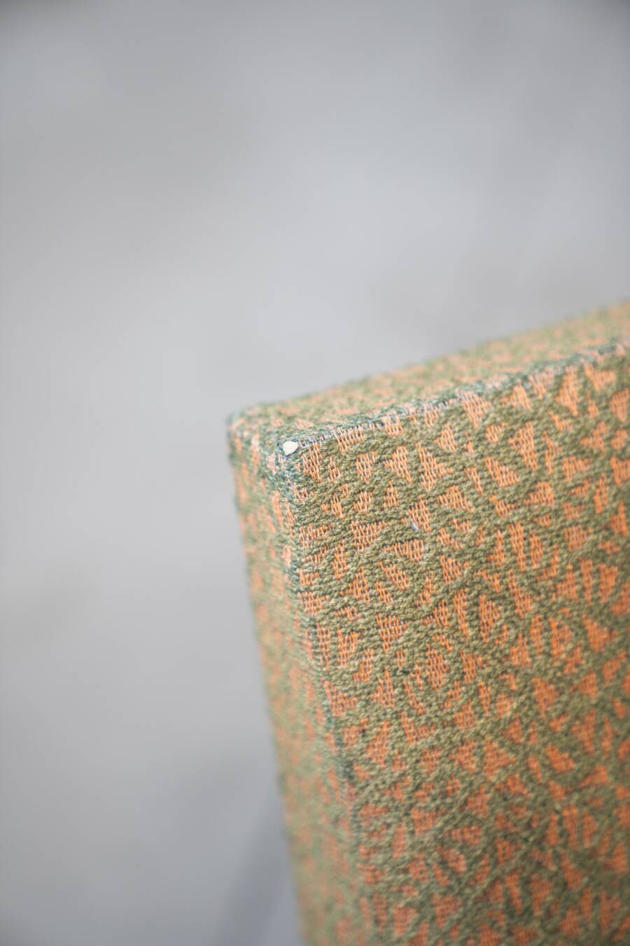 Pair of vintage armchairs in oak and embossed fabric, with old republished certificate of authenticity