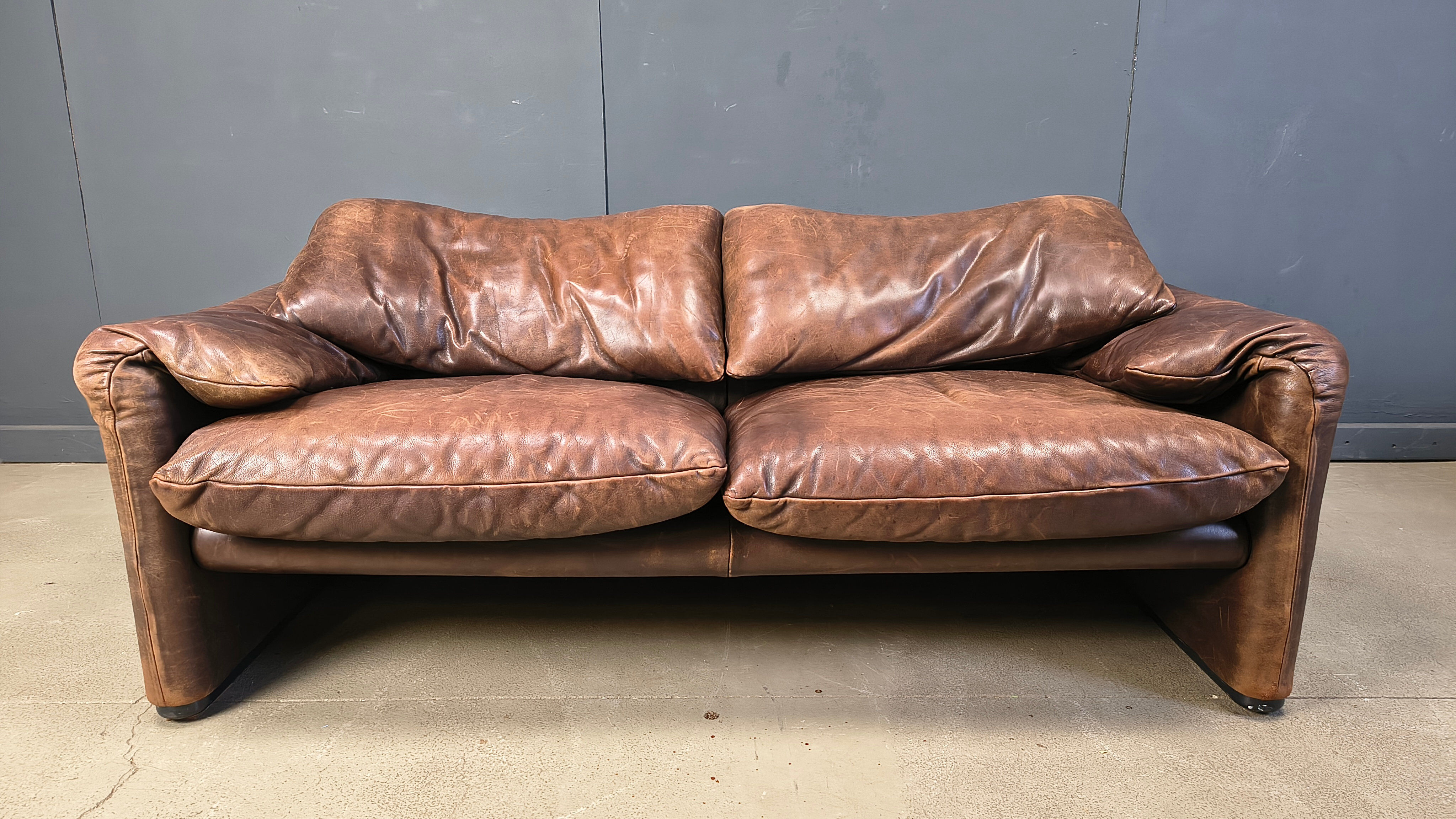 Leather Maralunga sofa by Vico Magistretti for Cassina, 1970s