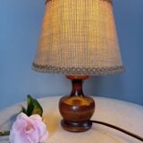 Dark stained turned wood table lamp, camel jute lampshade 1960