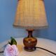 Dark stained turned wood table lamp, camel jute lampshade 1960
