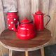 Set kettle coffee maker and milk pot in red-wrapped iron, 50/60 year.
