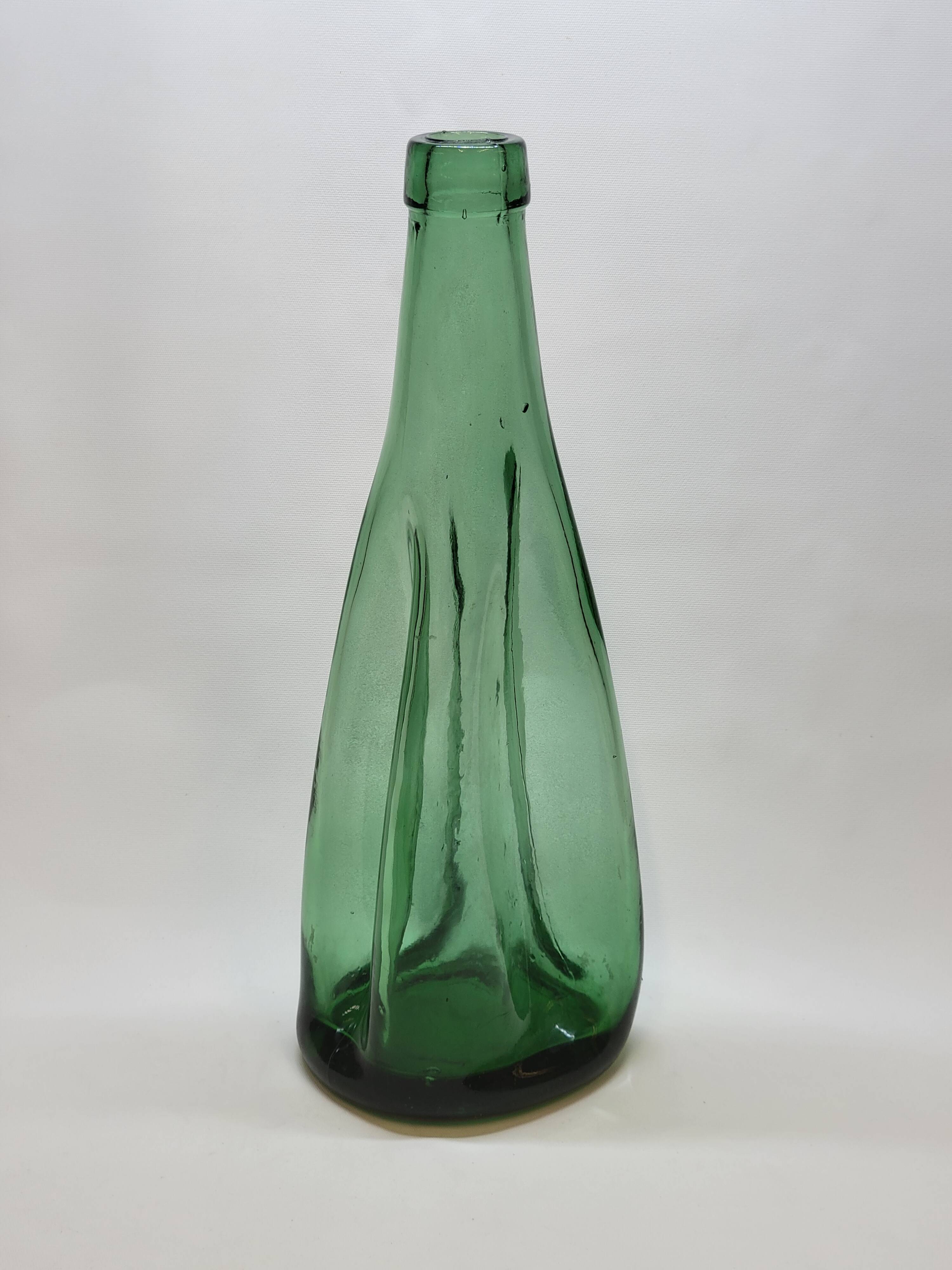 Old Large Pressed Molded Green Crushed Distorted Glass Bottle