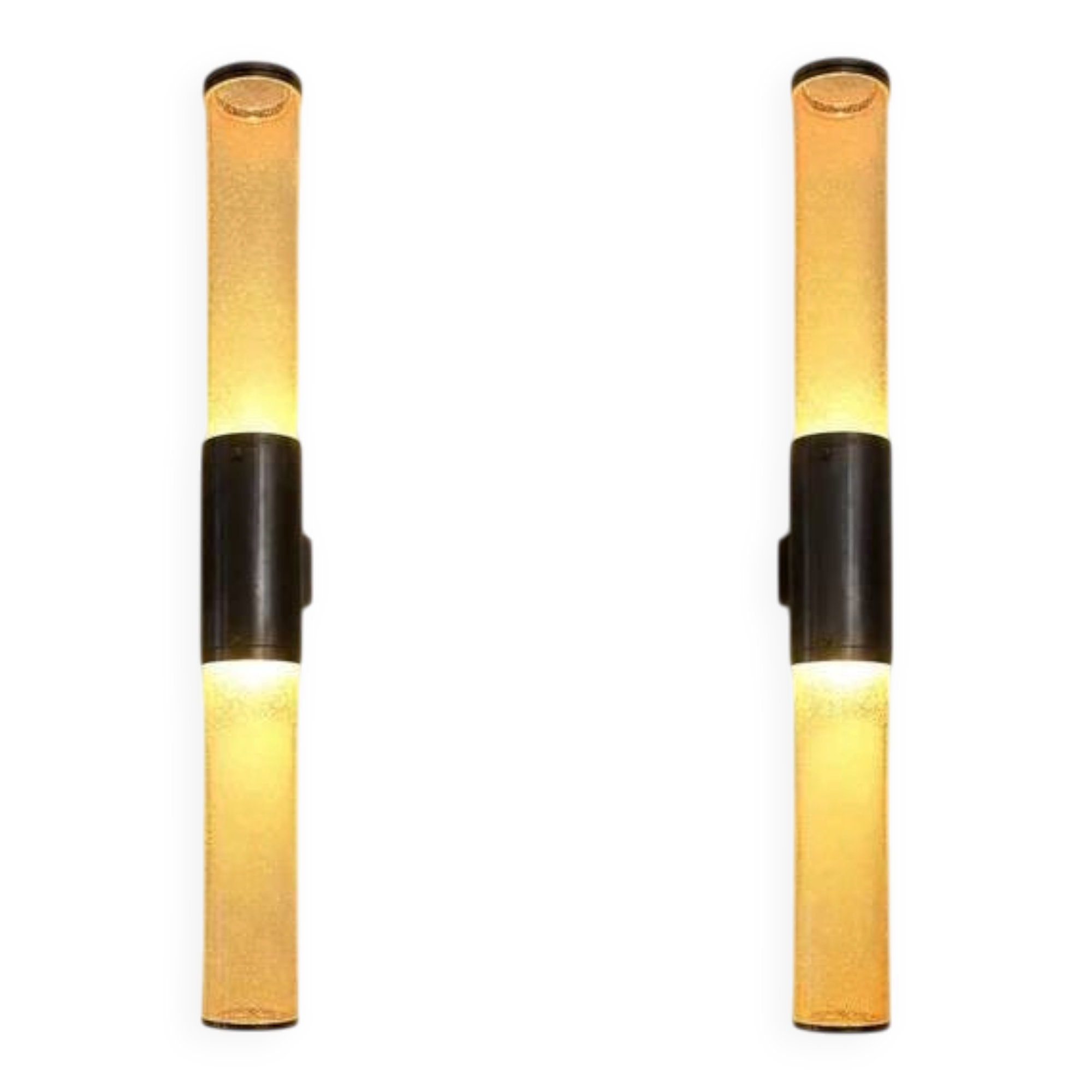 Pair of monumental wall sconces (77 cm) in steel and amber bubbled glass – Italy, circa 1970