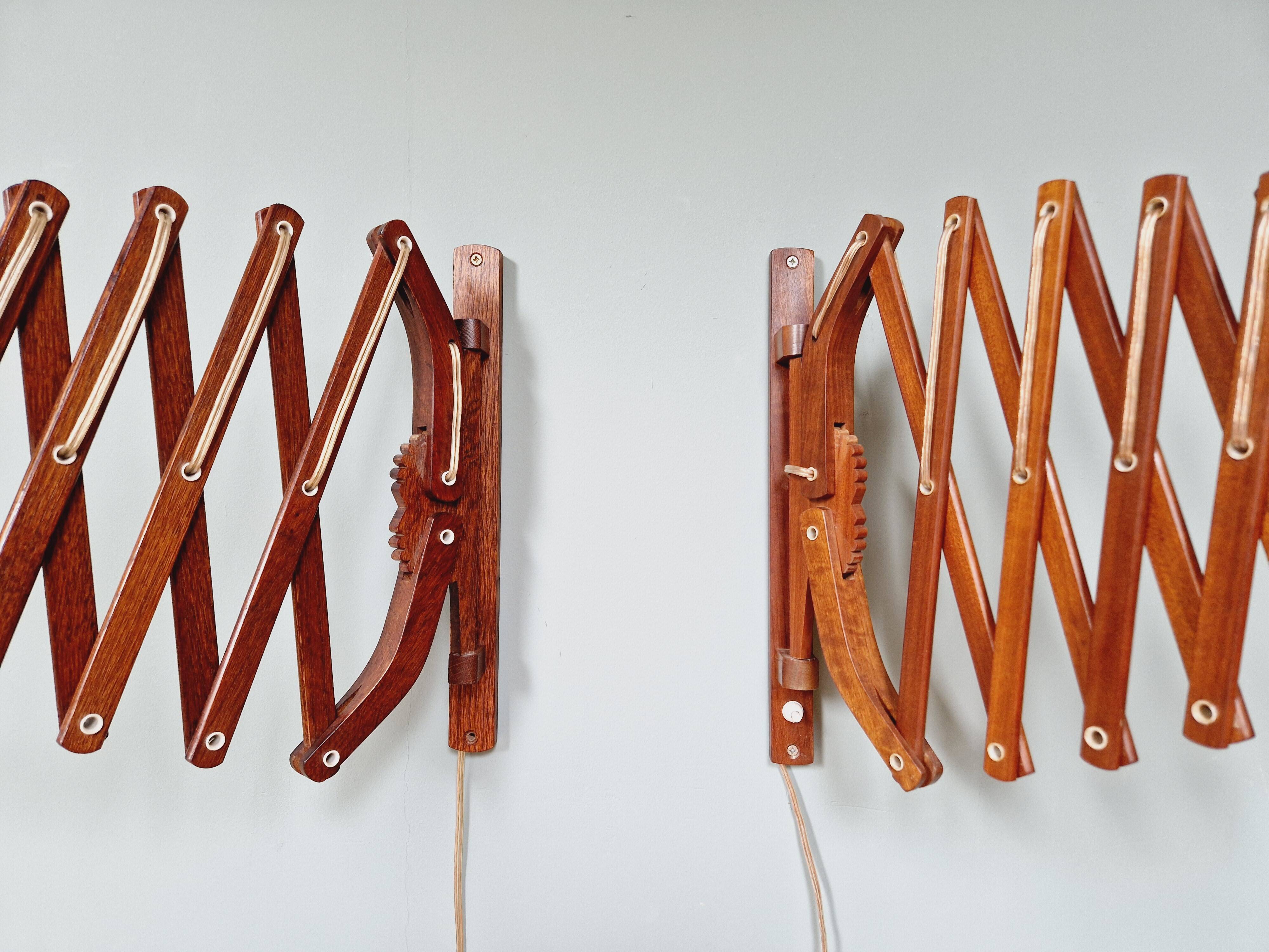 Pair of teak scissor wall lights, Scandinavian style, 1960s