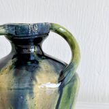Two-handled ceramic vase with a blue and green gradient pattern.