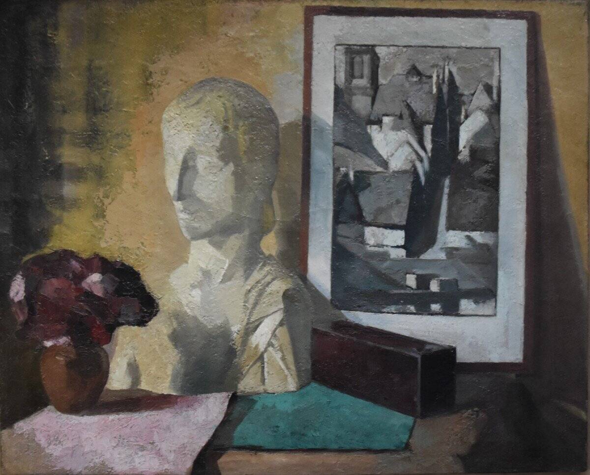 Roger Cortet (1910-1978) Still Life with White Sculpture Oil on Canvas Signed