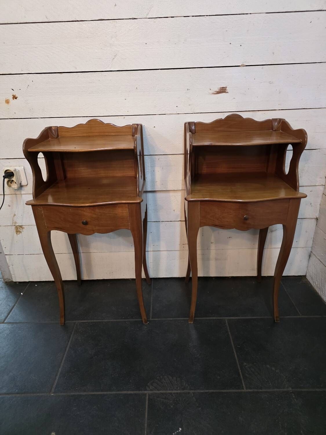 Pair of Louis XV style curved bedside tables in cherry wood