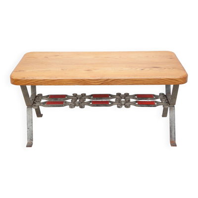 Table basse bois avec structure fer forgé, table d'appoint, bout de canapé, table vintage