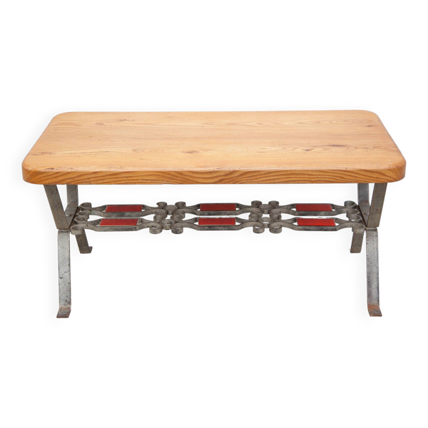 Table basse bois avec structure fer forgé, table d'appoint, bout de canapé, table vintage
