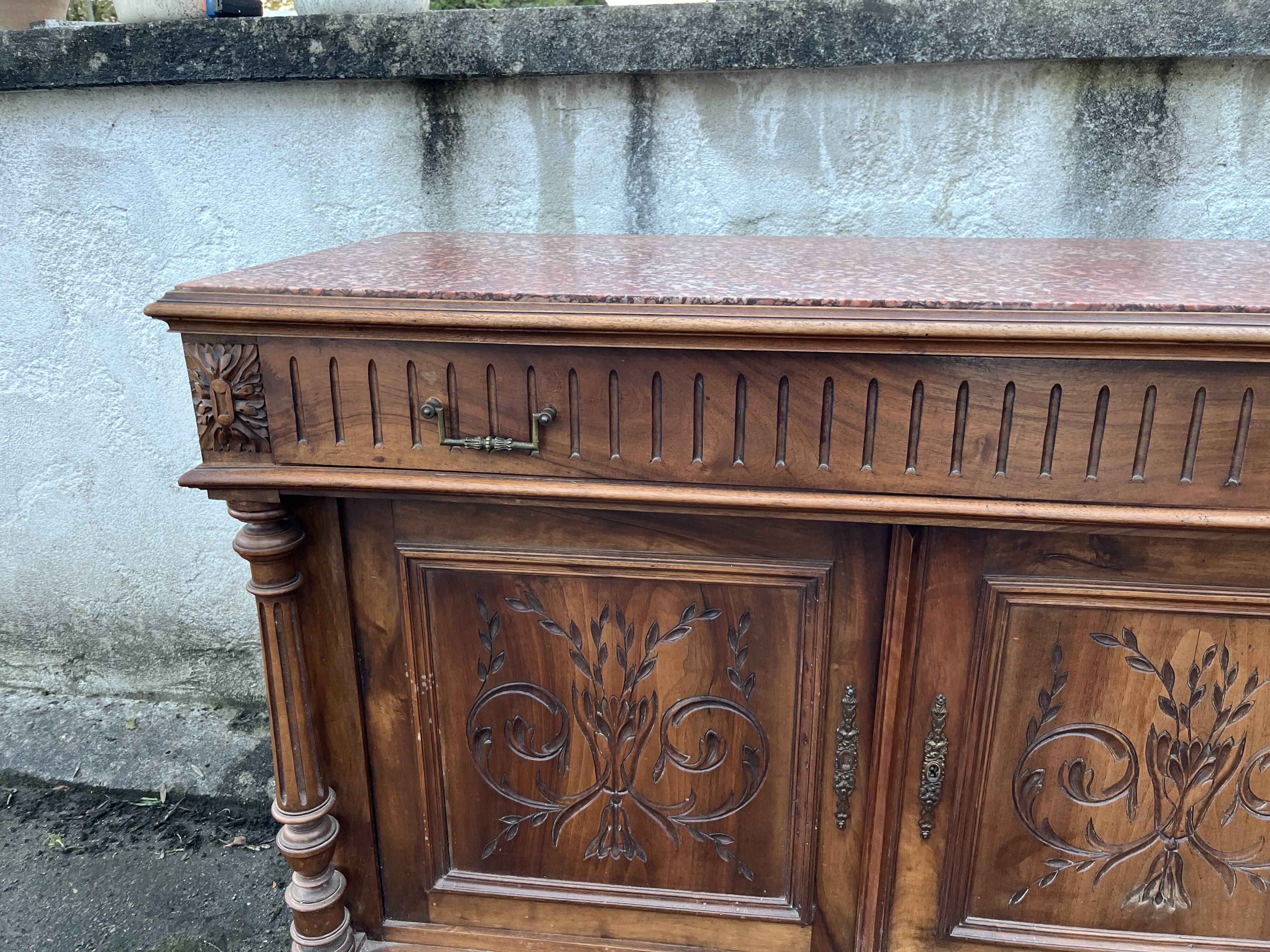 Henri II style low sideboard – carved wood and red marble top