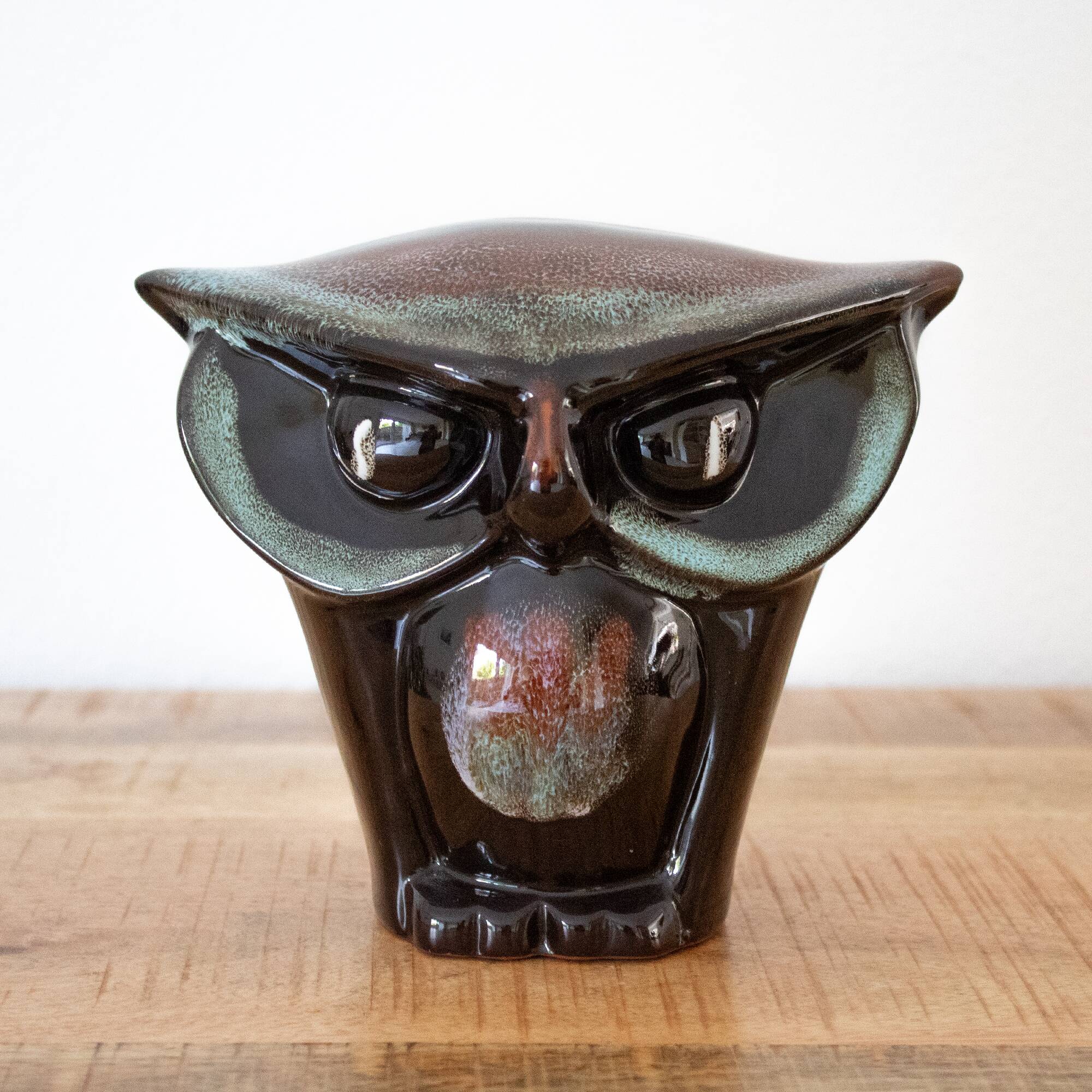 Vintage Dark Ceramic Owl Figurine: Hand Made Glazed Pottery, Bird Design