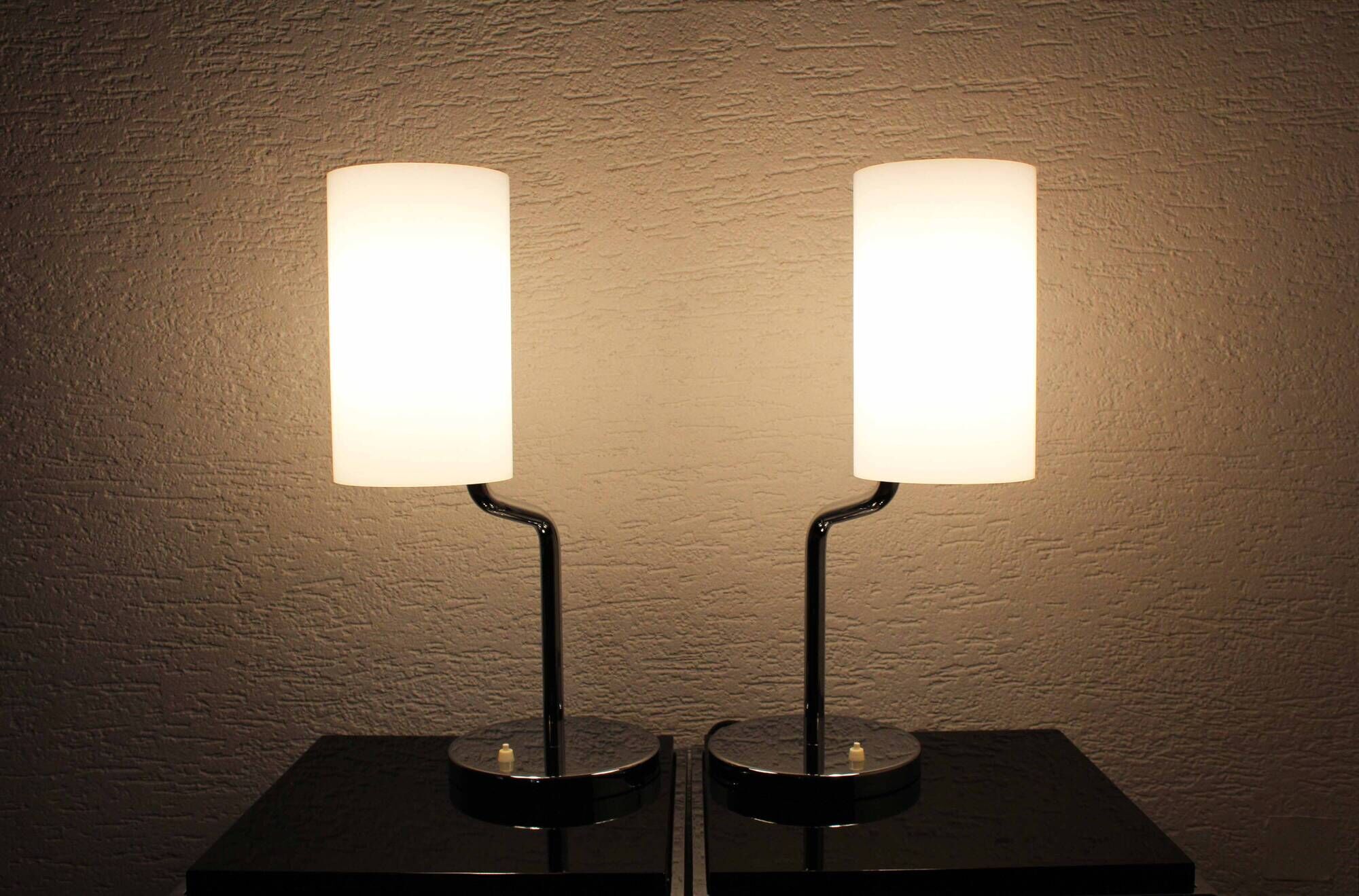 Pair of Italian chrome metal and white acrylic lamps