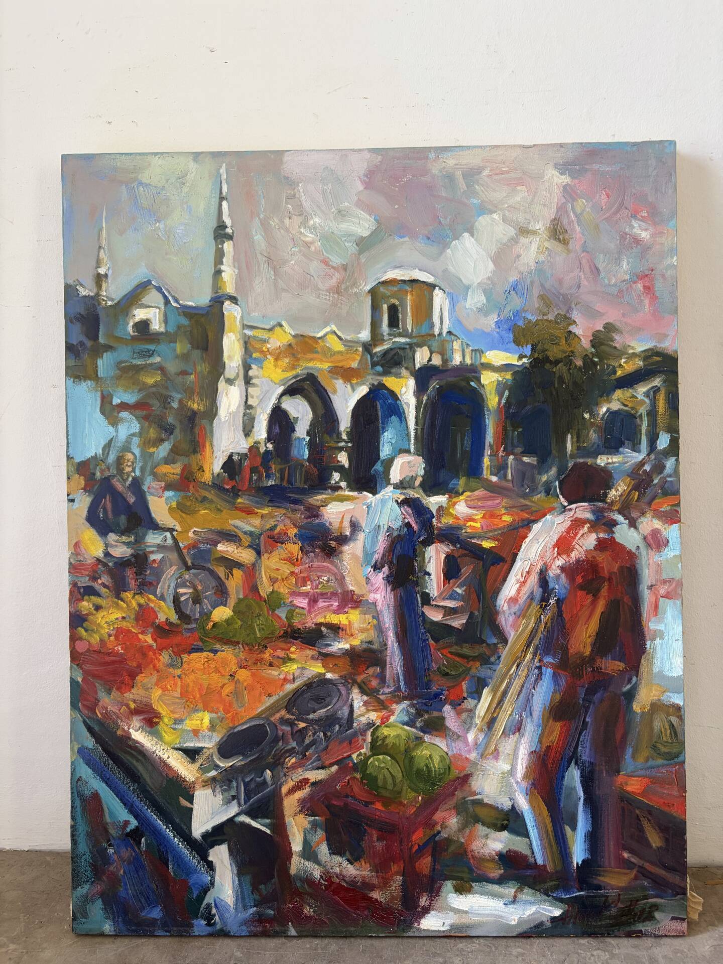 Le marché à Chypre, huile à couteau,  signé Alex Khattab