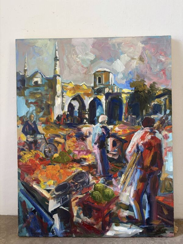 Le marché à Chypre, huile à couteau,  signé Alex Khattab