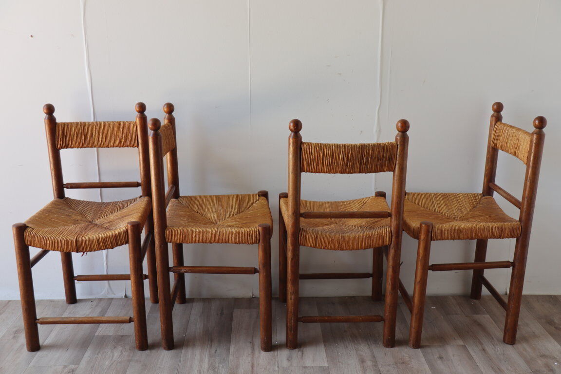 Series of 4 vintage straw and wood chairs, 1960