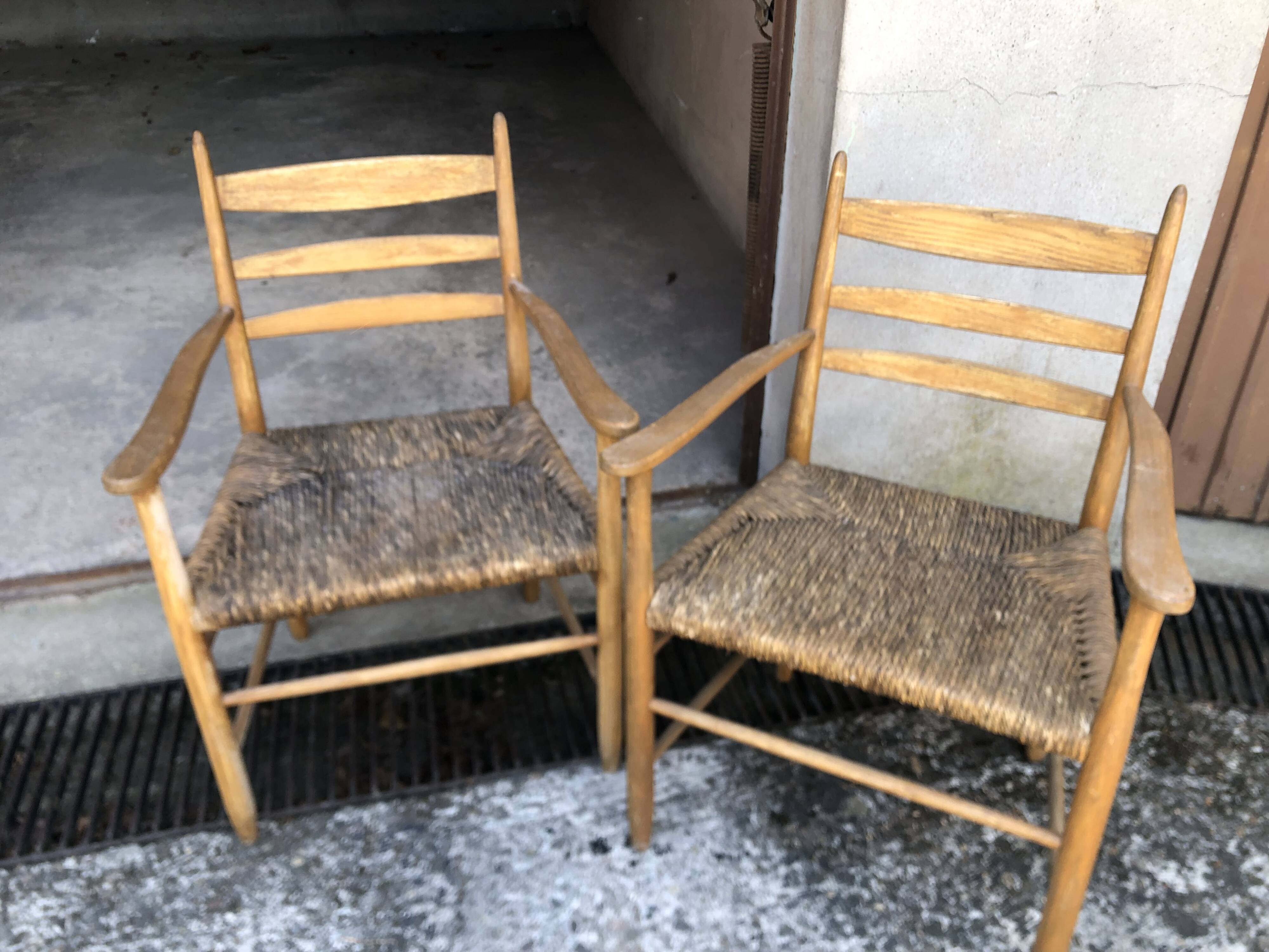 Fauteuils bois clair corde paille vintage Années 60