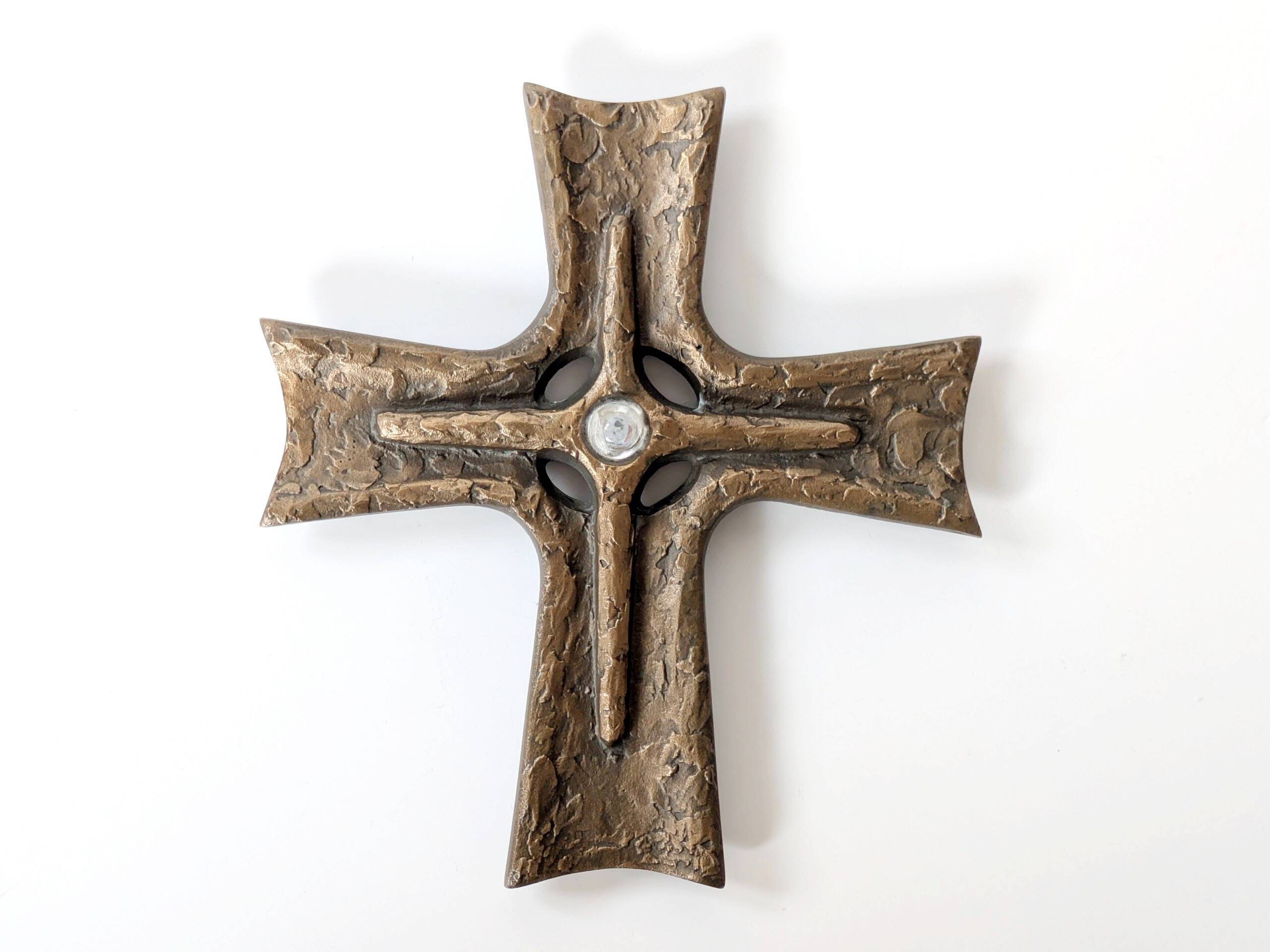 Vintage brutalist bronze crucifix, religious art from the 1950s