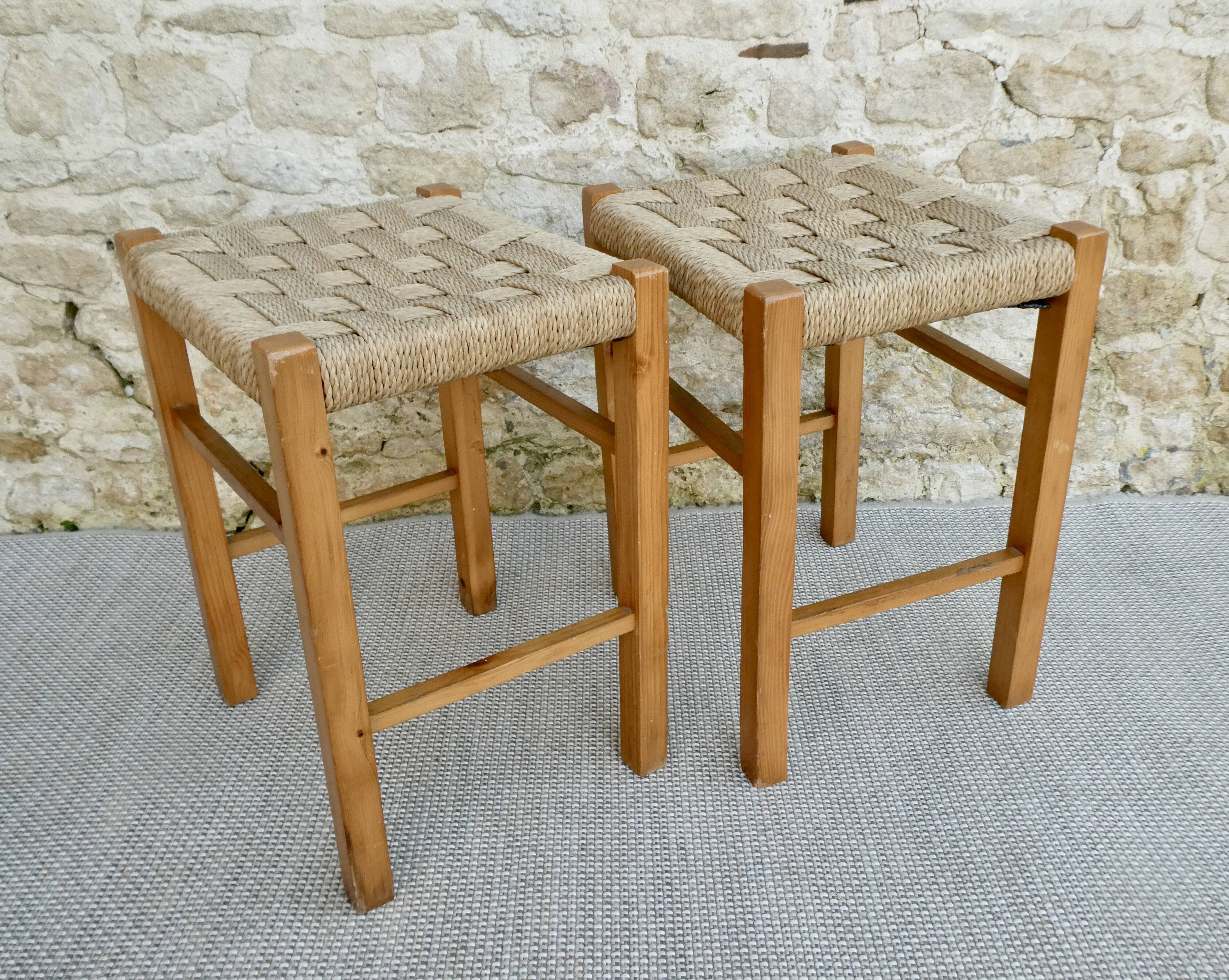 Pair of light wood stools and braided rope, 60s
