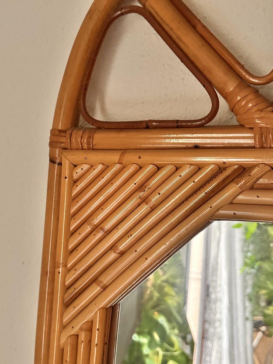 Curved half-moon console in rattan and bamboo with mirror by Vivai del Sud, Italy, 1960s.