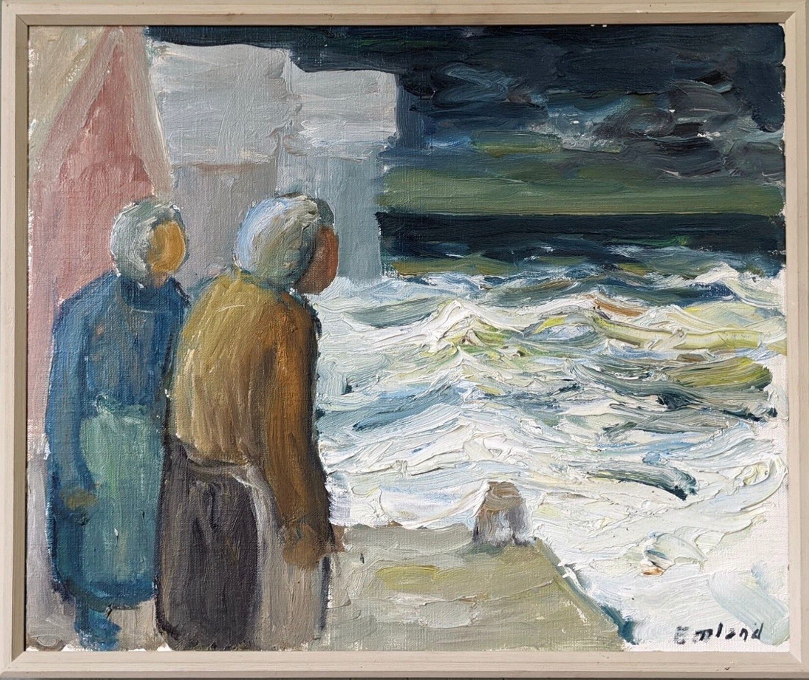 Mid-Century Modern Swedish "Watching the Storm" Vintage Expressive Seascape Oil Painting, Framed