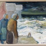 Mid-Century Modern Swedish "Watching the Storm" Vintage Expressive Seascape Oil Painting, Framed
