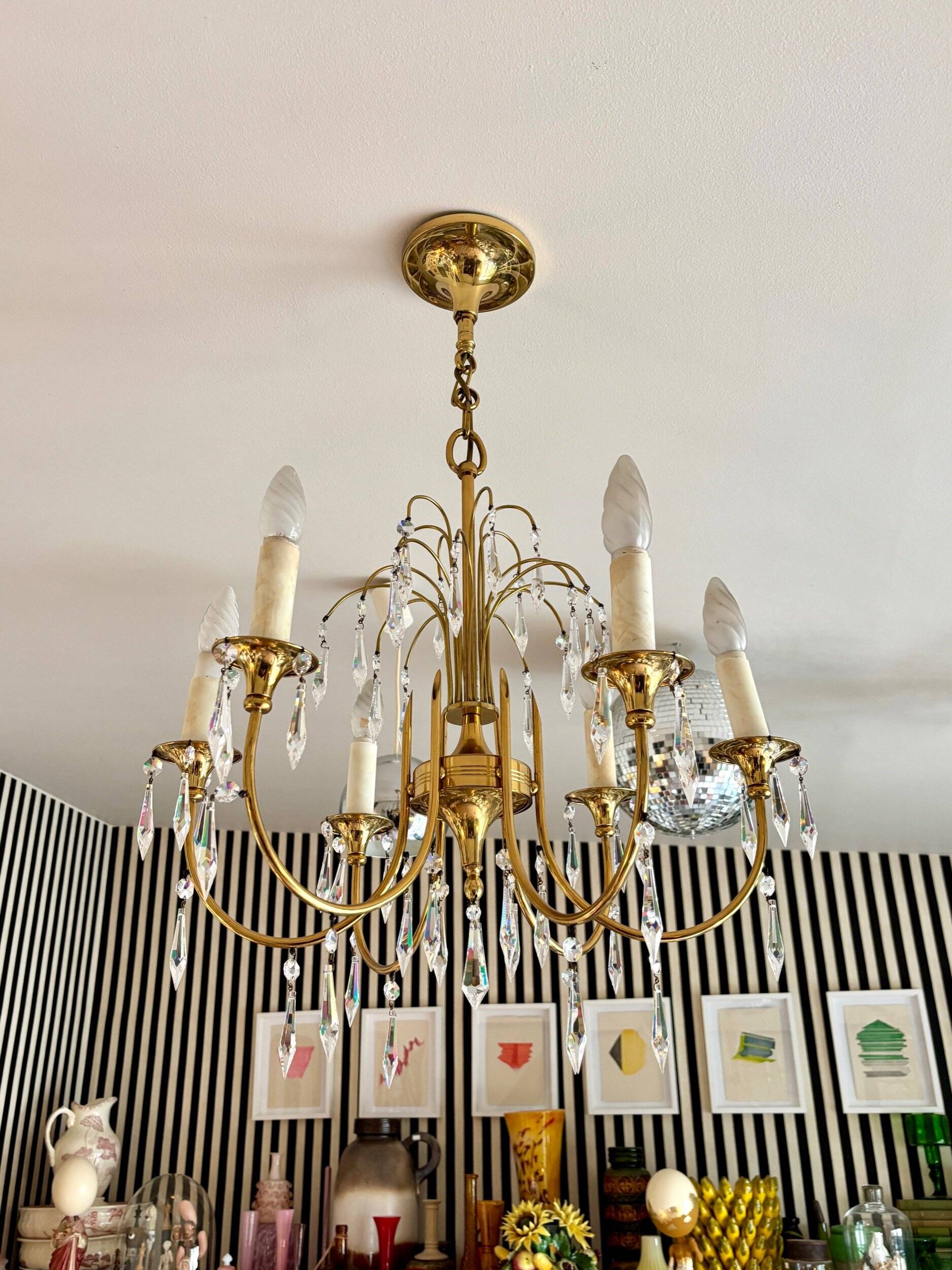 6-light chandelier in gold metal and tassels