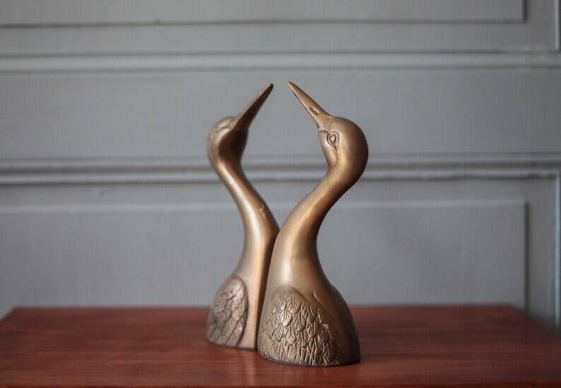 Vintage bookends, animal bookends, heron head, bird, brass sculpture, interior decor.