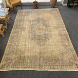 Tapis Oushak beige décor rustique, 7x10, surteint sable, pour salon, MOON.144