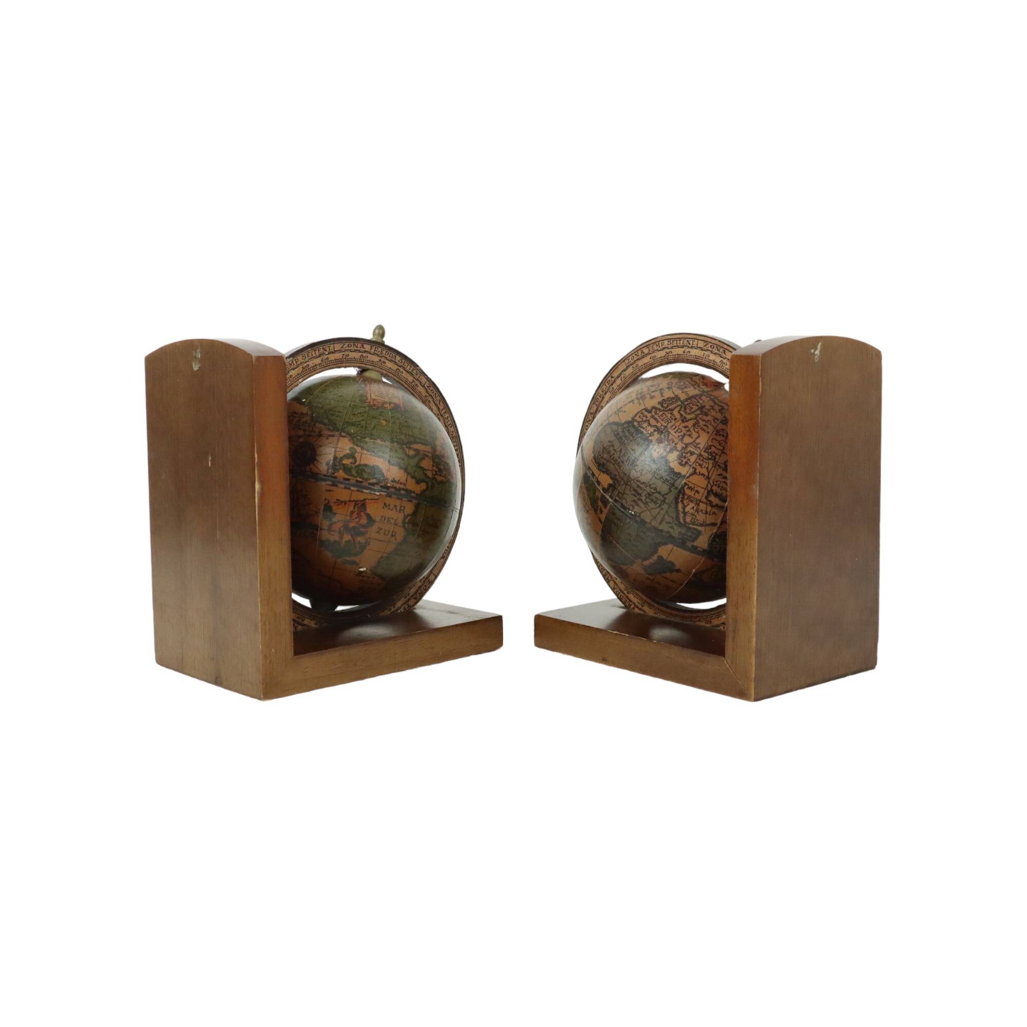 Vintage Set of Wooden Globe Bookends from the 1970s