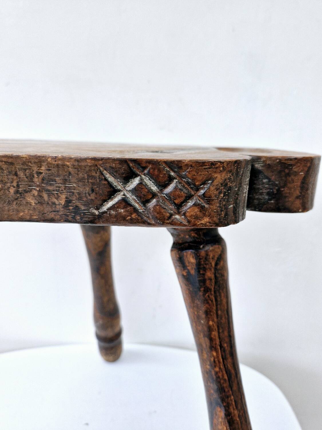 Rare Old Tripod Milking Stool Carved Solid Wood Popular Art