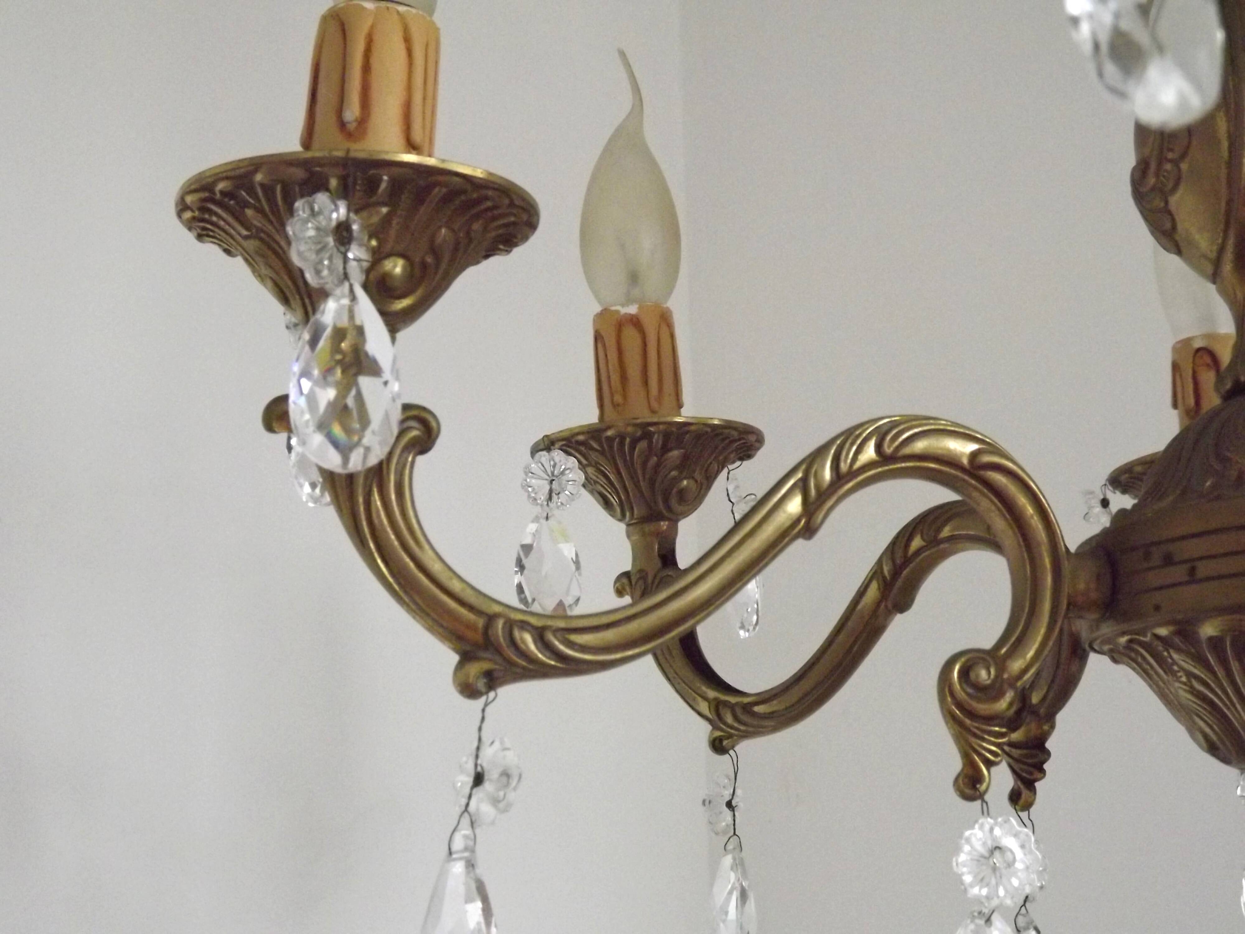 French Mid-Century Bronze 6-Light Chandelier with Crystal Droplets 5491