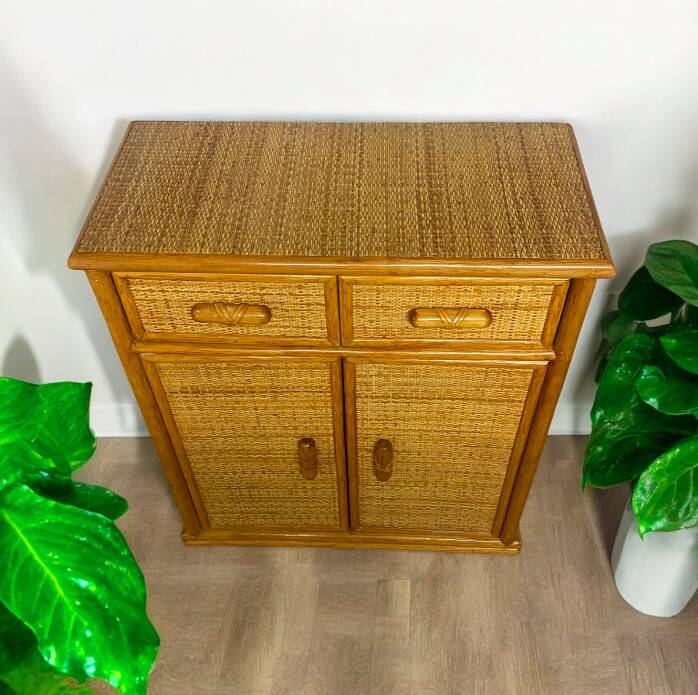 Vintage wooden and rattan chest of drawers
