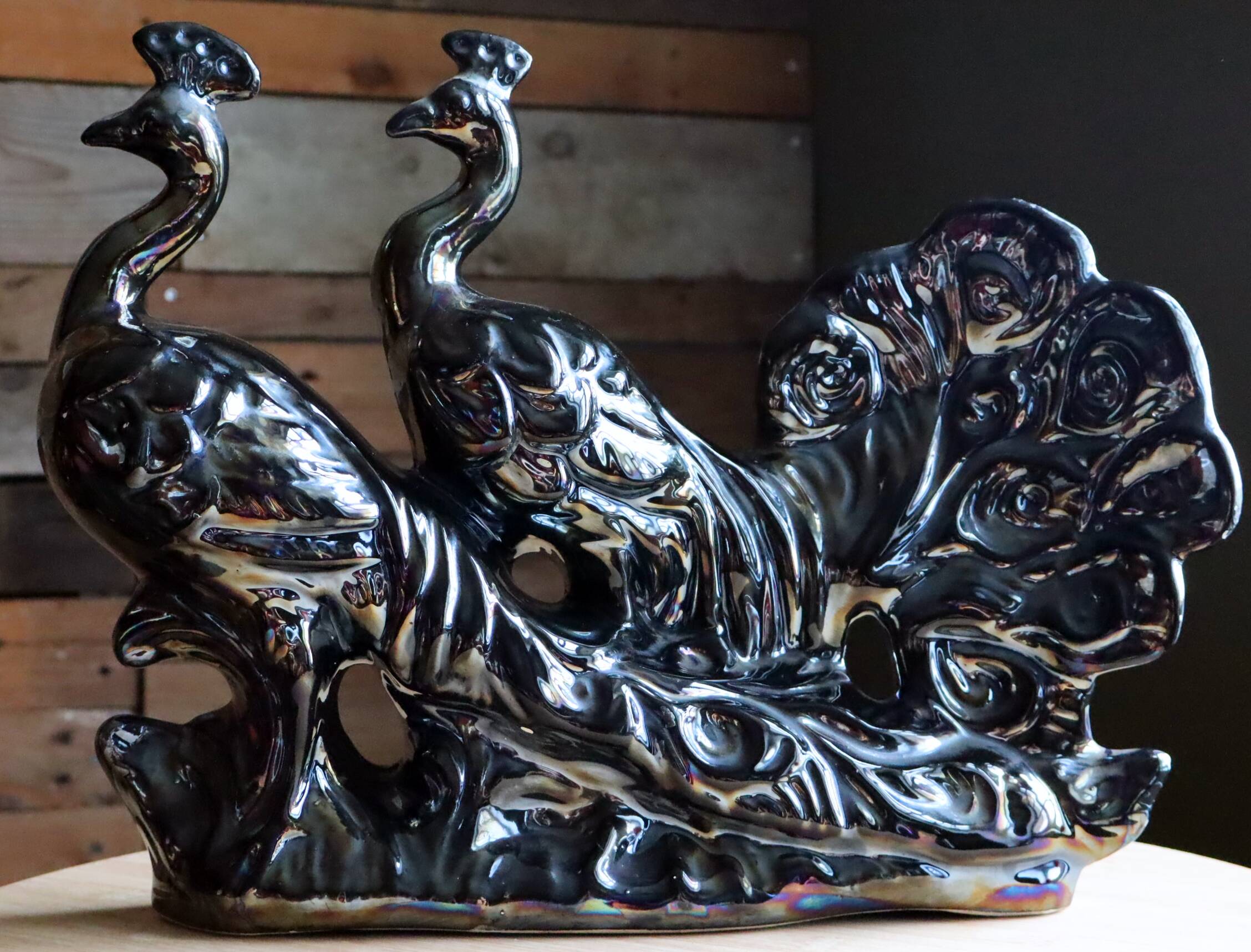Large iridescent black ceramic peacock sculpture - 1970s