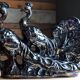 Large iridescent black ceramic peacock sculpture - 1970s