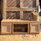 Meuble télé tv ancien en bois brut et cannage