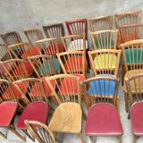 Series of 25 vintage Baumann bistro chairs in curved wood sitting Skaï or wood