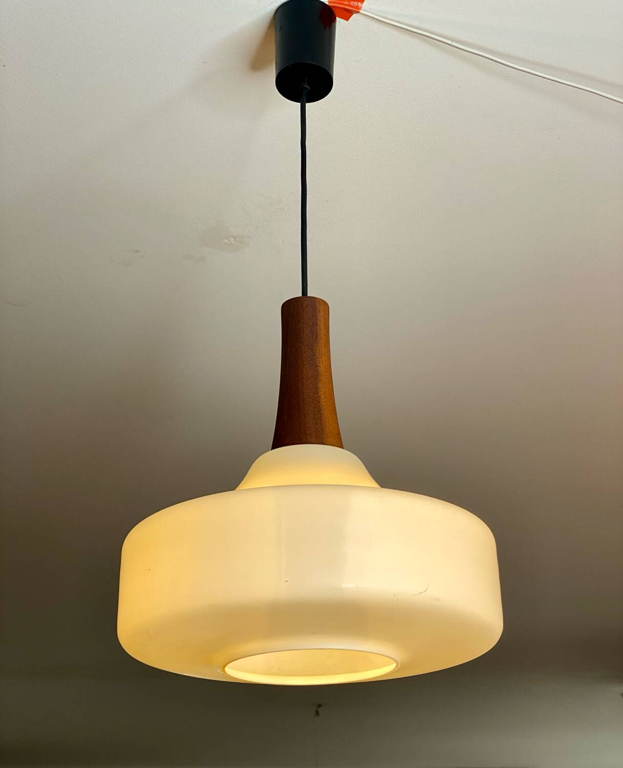 Louis Kalff pendant light in opaline glass and Scandinavian teak