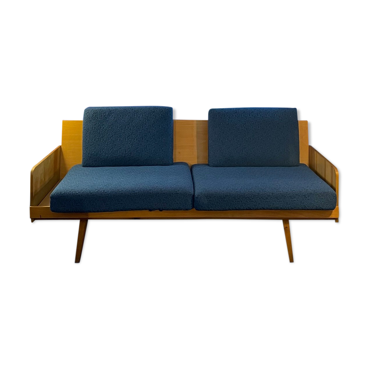 Compass leg sofa from the 60s in wood and vintage fabric