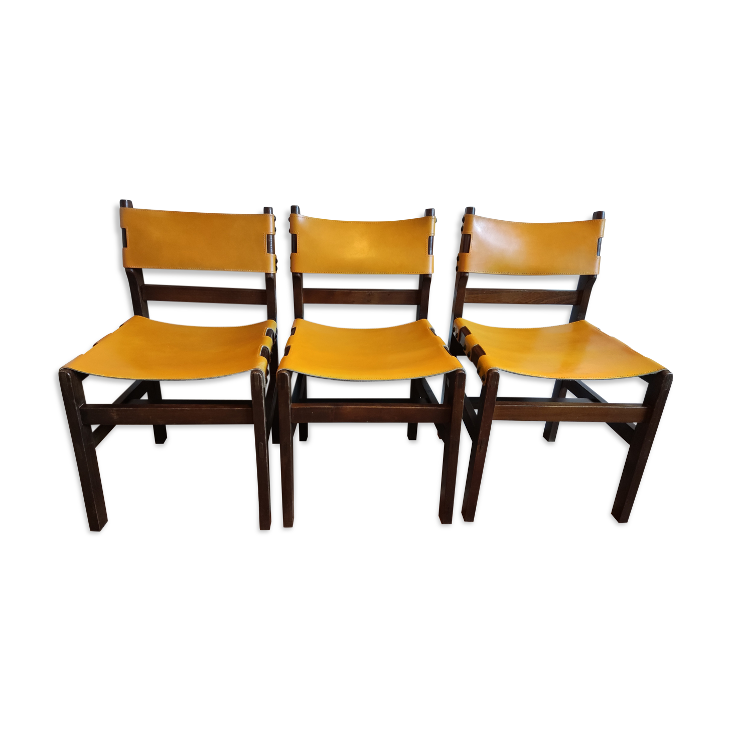 Chaises bois et cuir des années 70