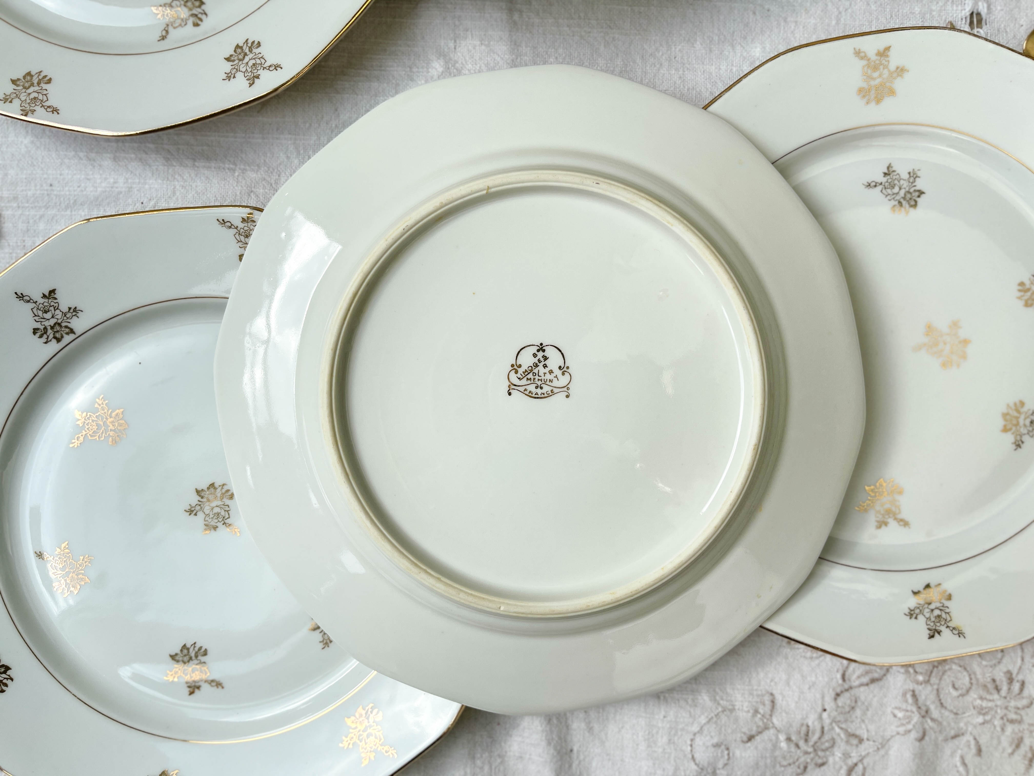 6 Flat plates porcelain white flowers golden Limoges Mehun