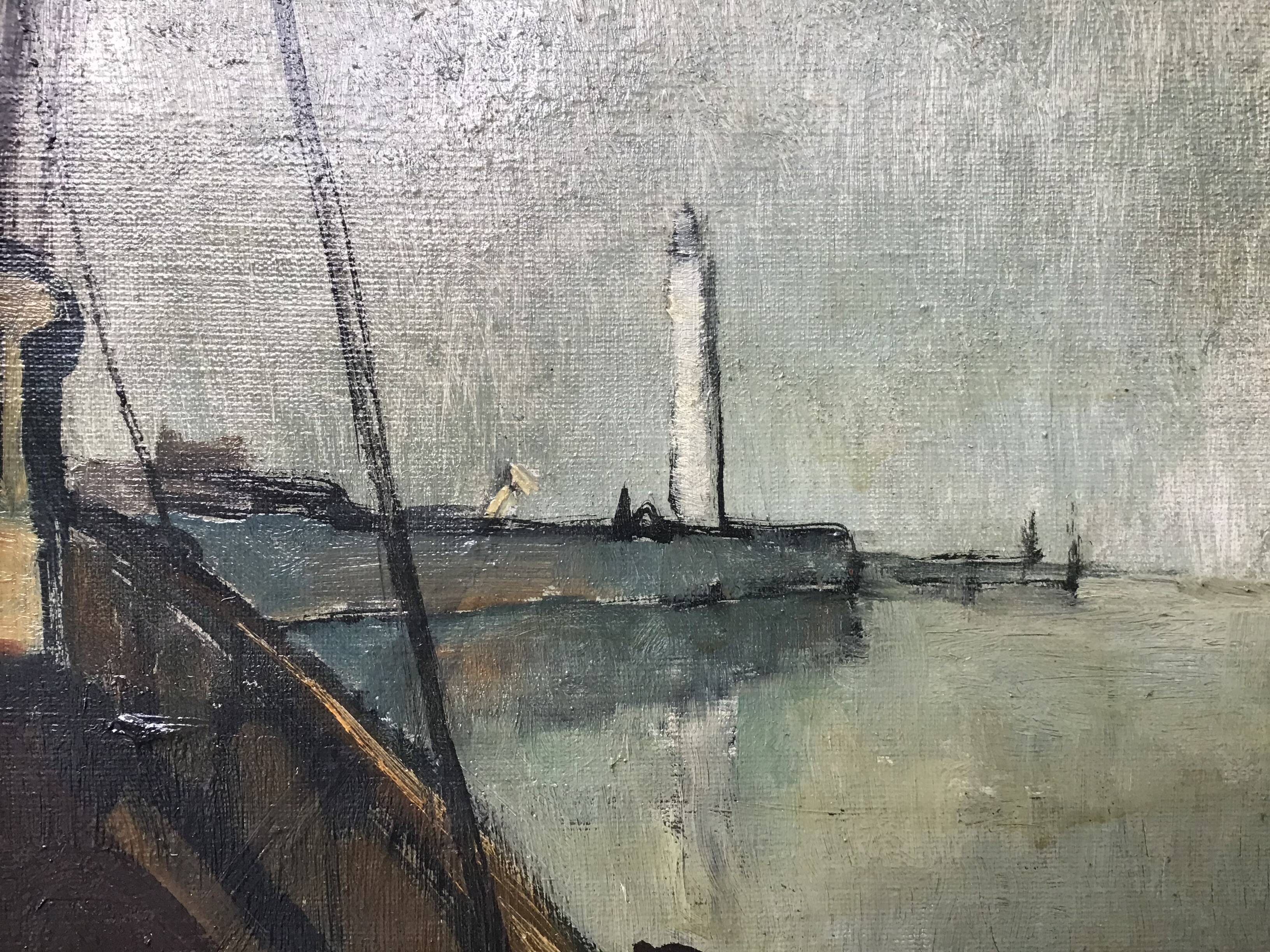 Oil on canvas - “The deck of the trawler returning from fishing” by Lucien Staquet (1911-1989)