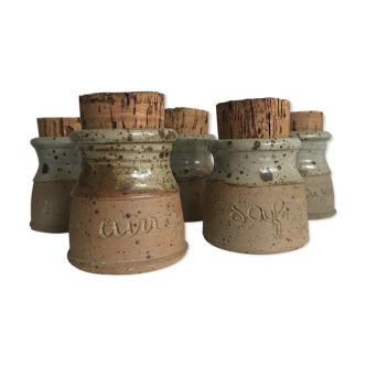 Set of 5 sandstone condiment jars Gustave Tiffoche design 1970s ceramic era Joulia