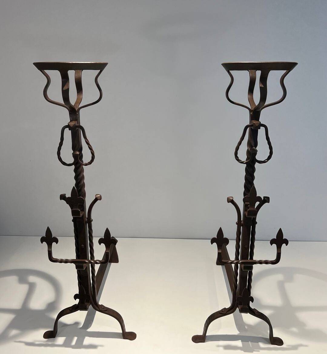 Important Pair of Gothic Wrought Iron Andirons with Fleur-de-Lis