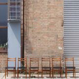 Set of 6 Scandinavian chairs in beech and black skaï, 1960s
