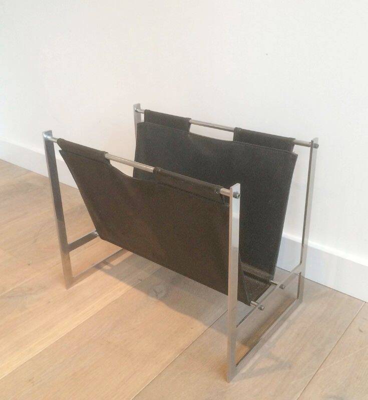 Magazine rack in brushed steel and leather, in the style of Poul Kjaerholm