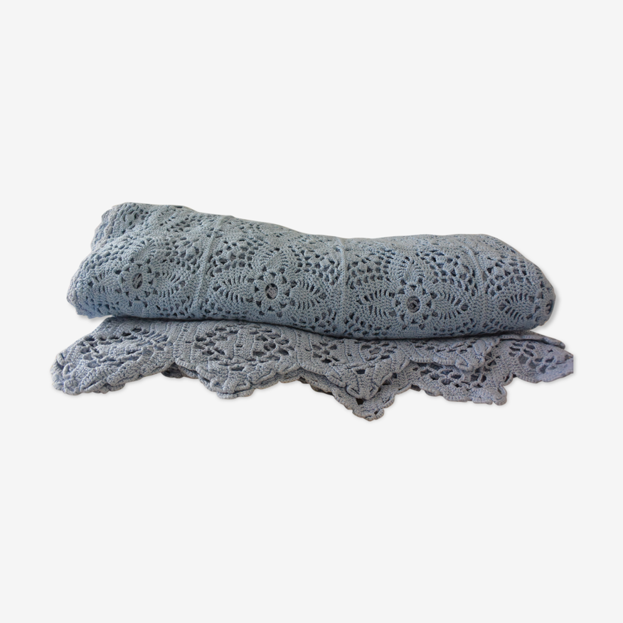 Couvre lit ancien en crochet bleu lavande fait main | Selency